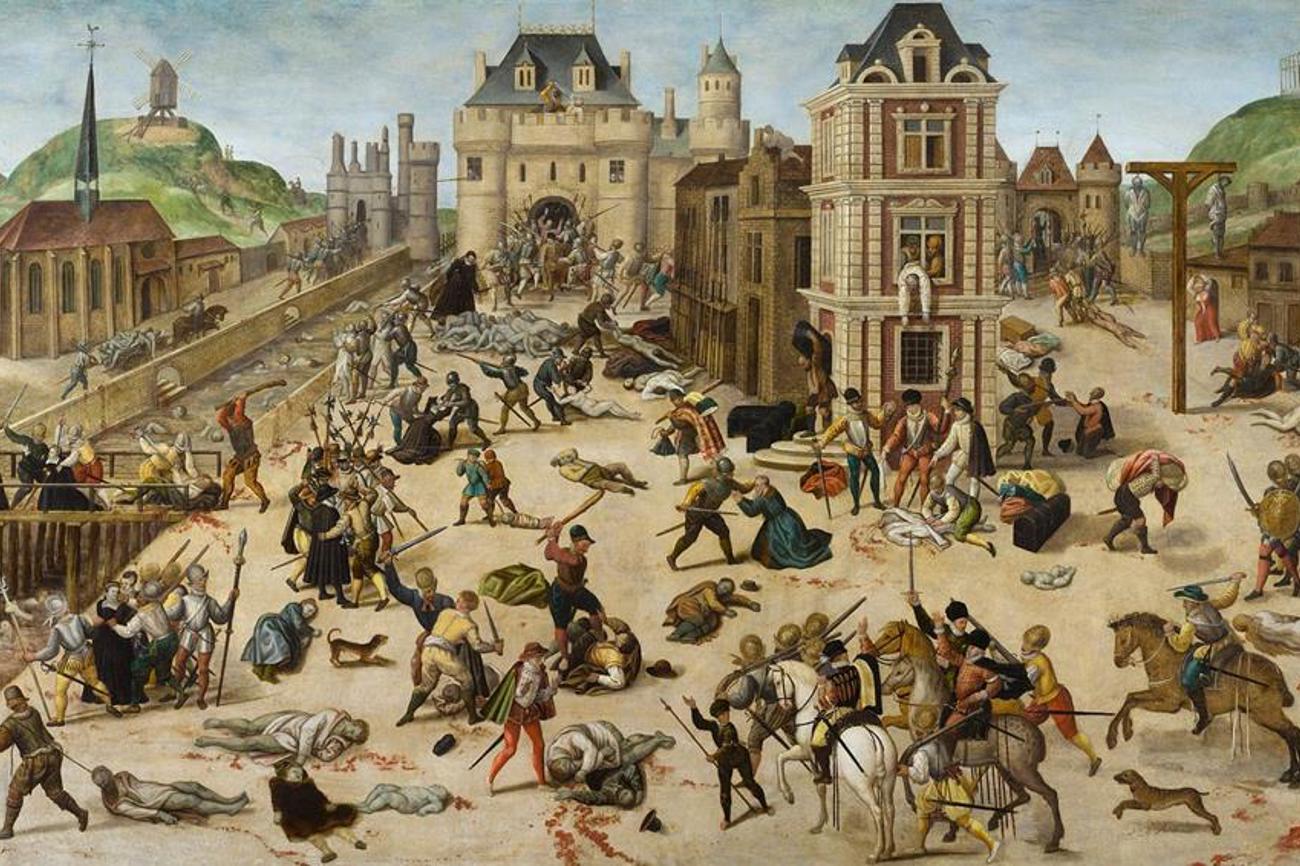 In der Nacht vom 23. auf den 24. August 1572, der so genannten Bartholomäusnacht, fielen in Paris und in den Folgetagen frankreichweit Tausende von Protestanten einem Pogrom zum Opfer. Daraufhin flohen viele Hugenotten an sichere Orte in Europa, unter anderem nach Basel. |«Le Massacre de la Saint-Barthélemy» von François Dubois (1790–1871), Musée cantonal des Beaux-Arts, Lausanne